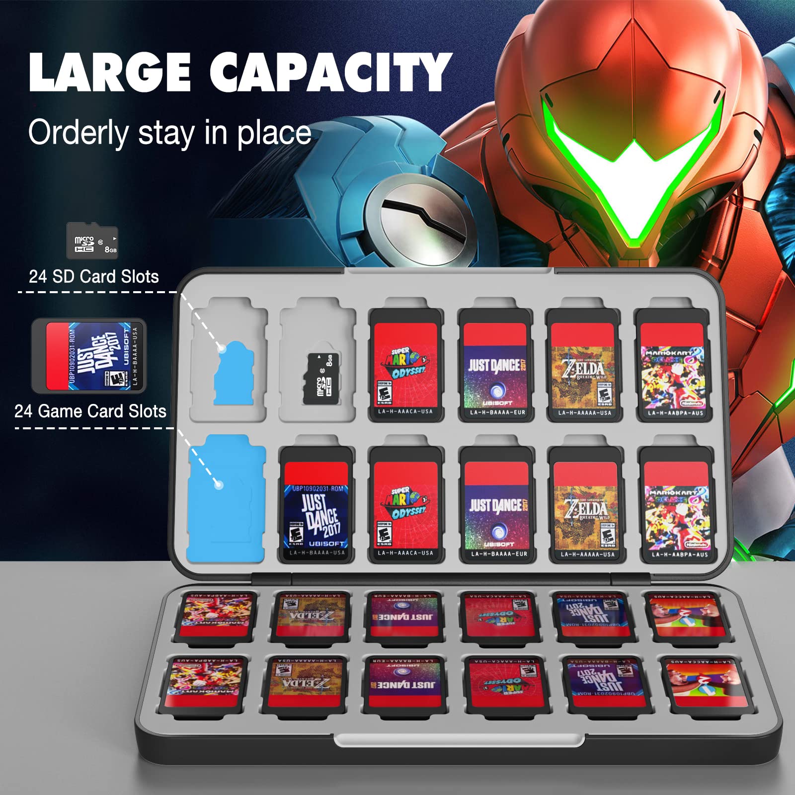 MoKo 24 ゲームカードケース Nintendo Switch OLED 2021/Switch/Switch Lite対応 スイッチゲームホルダーケース ゲームカード&SDカード用 スリム&ポータブルゲームカード収納ボックス ブラック&ホワイト ゲーム