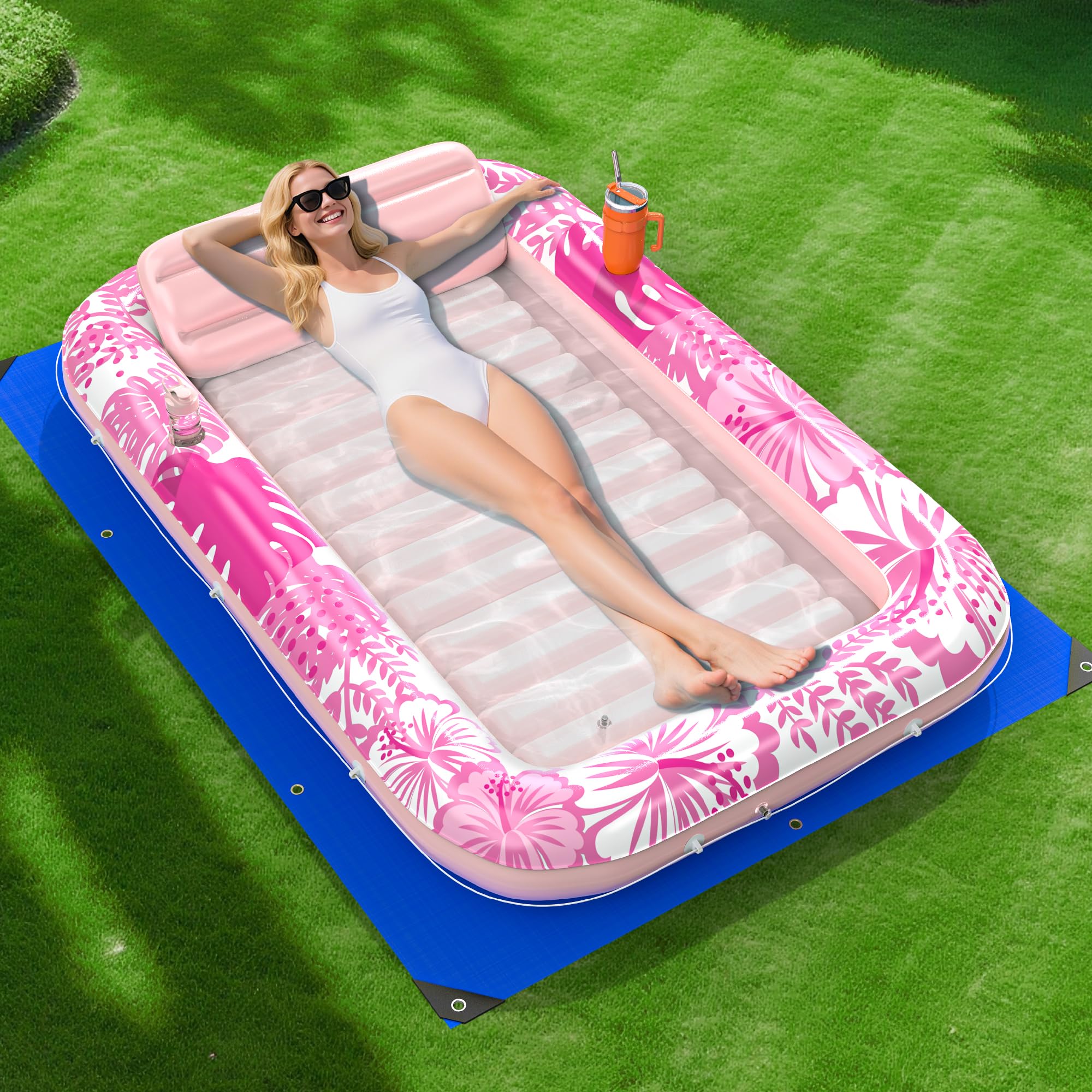 Photo 1 of Inflatable Tanning Pool Lounger Float with Protection Tarp, 70" x 46" Pool Floats Adult with Pillow, 6 in 1 Suntan Tub Raft Floatie, Sunbathing Water Bed Lounge Blow Up Kids Ball Pit Party Gifts-Pink