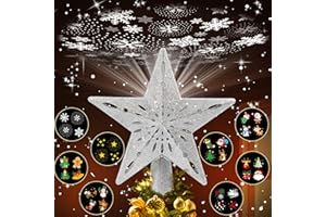 Jvgoo Christmas Tree Topper Lighted with 8 Projector Patterns Modes, Christmas Tree Star Topper LED Rotating Lights, 3D Glitter Lighted Tree Topper for Party Holiday Christmas Decorations (Sliver)