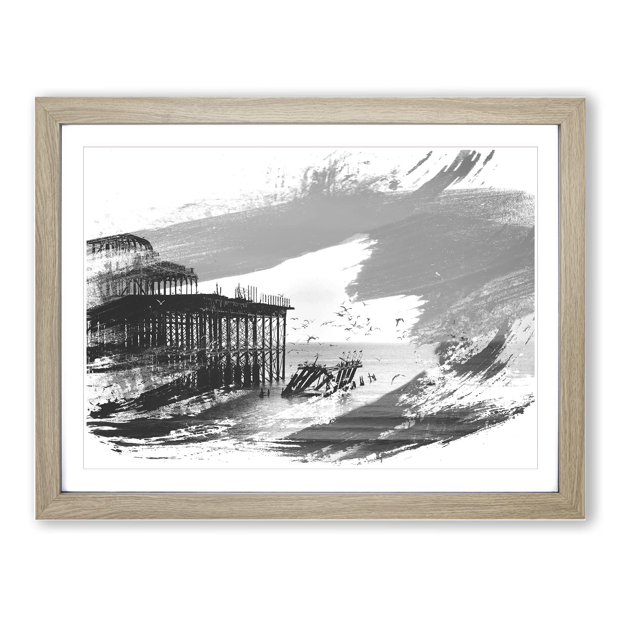 West Pier Brighton Seascape V1 Modern Framed Print | A3 Oak Framed Wall Art | Ready to Hang | Modern Nature Picture | Living Room Bedroom Lounge Office