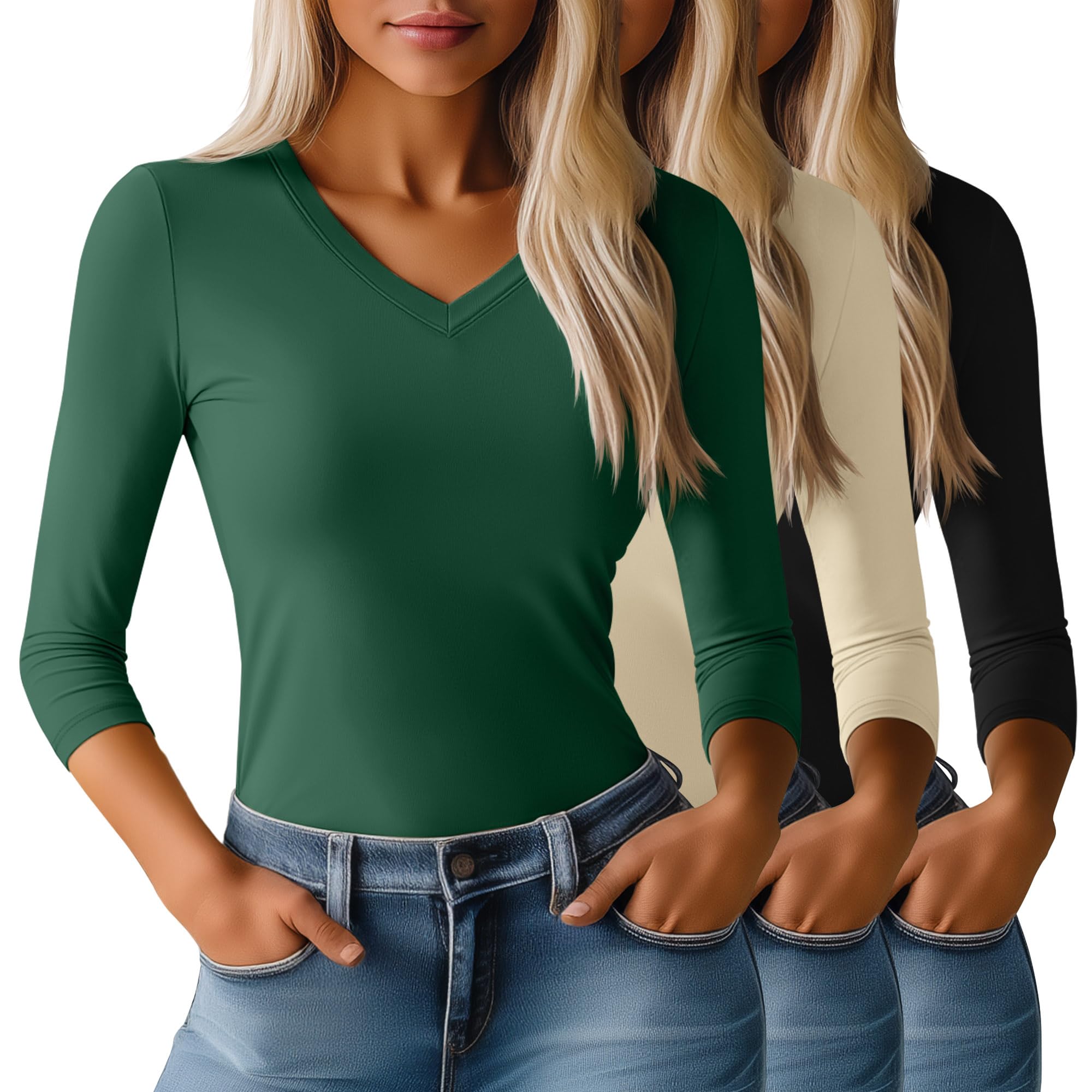 Photo 1 of * does not come with the black one *
Huukeay 3 Pack Women's 3/4 Sleeve T-Shirts, Summer V Neck Slim Fit Tops Casual Tight Going Out Blouse Basic Layer Tees(Green, Cream, large