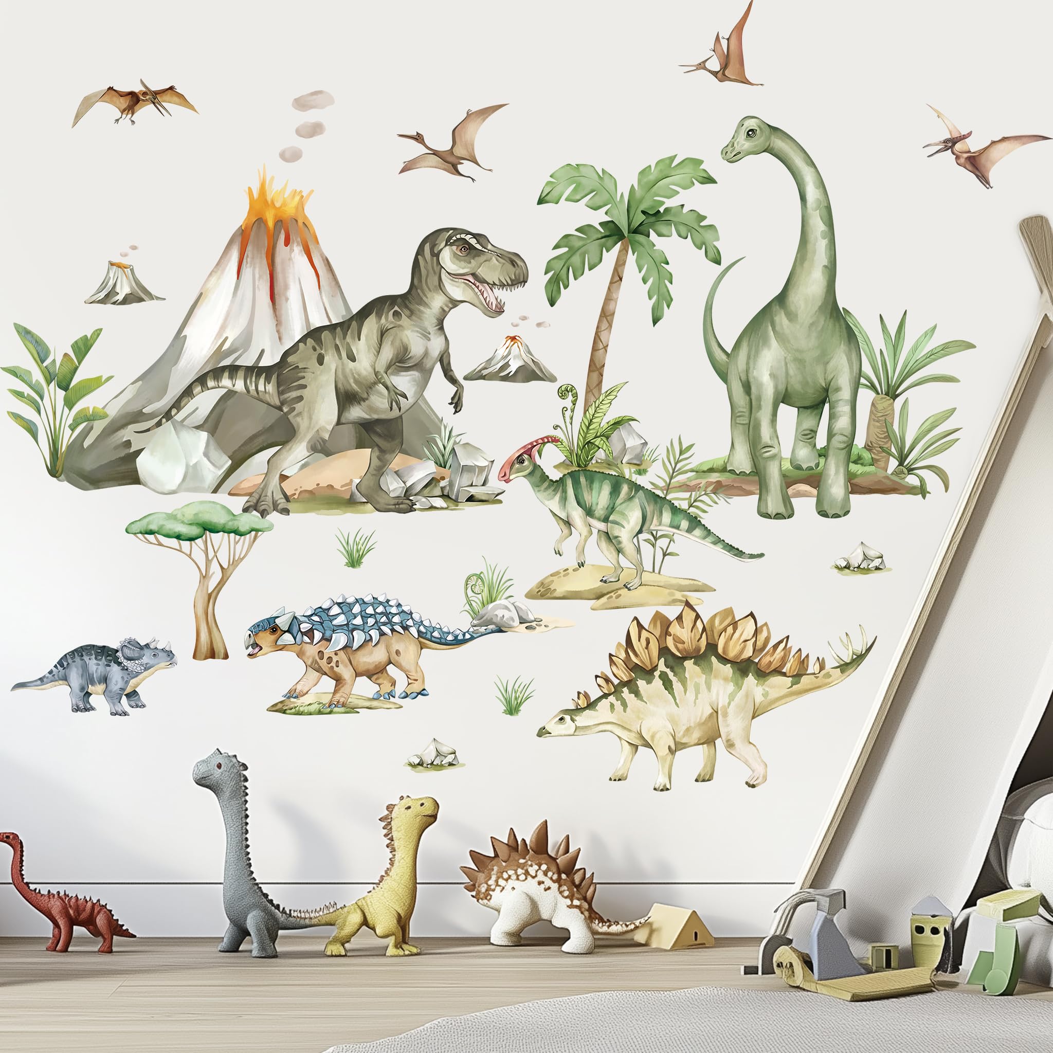 wondever Large Dinosaur Wall Stickers Tropical Animal Dino Volcano Plants Wall Art Decals for Boys Room Baby Nursery Kids Bedroom