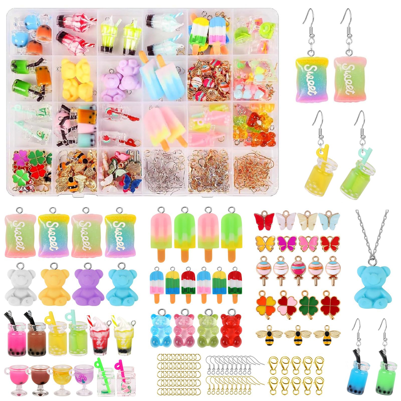 Jodimitty 245 PCS Earring Making Kit 16 Colors Candy Bear Butterfly Charms, Bubble Tea Four Leaf Clover Charms Pendant for Bracelet Necklaces Earrings Jewellery Making Kit DIY Crafts for Kids Adult