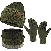 Mens Winter Knit Beanie Hat Touchscreen Gloves Neck Scarf Warmer Set, Warm Skull Cap with Fleece Lined Gifts for Men