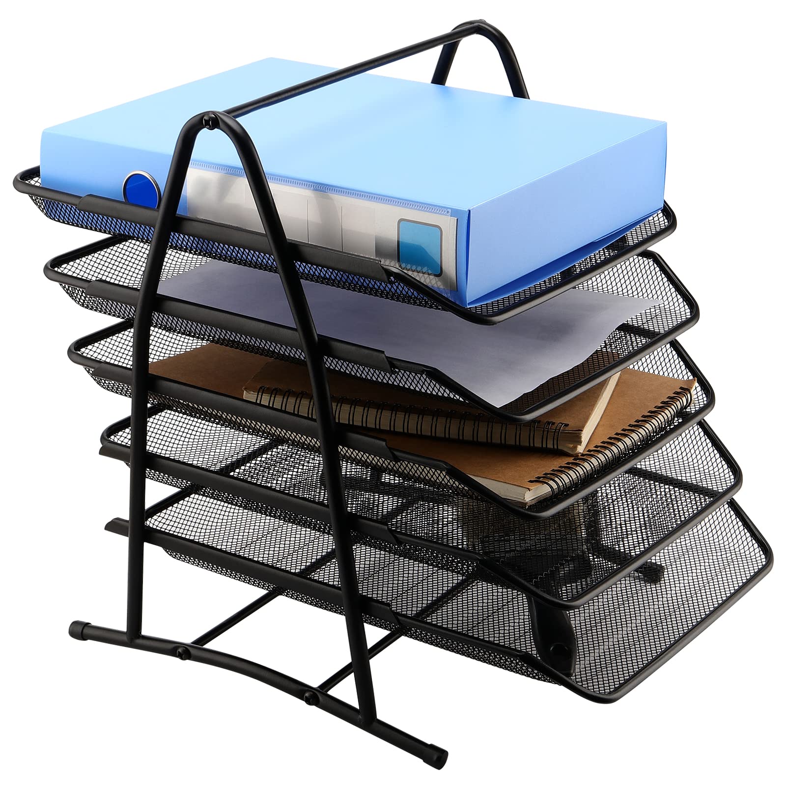HAKZEON 5 Tier Office File Tray, A4 Desk Tidy Organiser File Holder, Black Mesh in Tray Desk Organiser, Sliding Document Storage Letter Trays 38x30x28cm