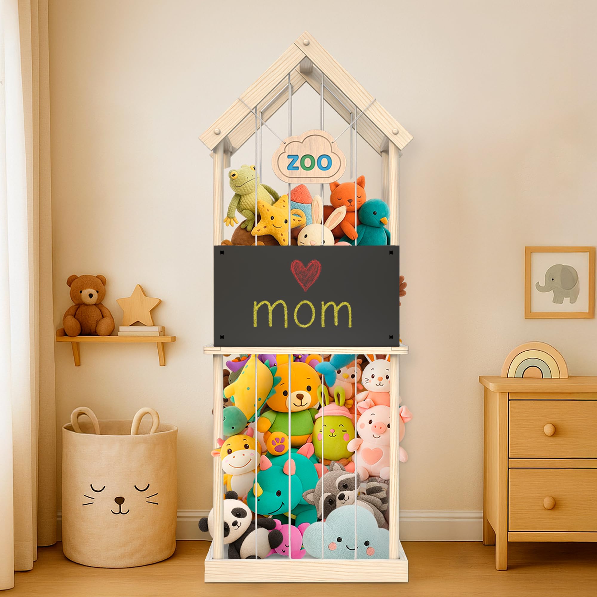 Photo 1 of Paquber Extra Large Stuffed Animal Storage Zoo – Wooden Vertical Plush Toy Organizer & Storage with Built-in Chalkboard, 3 Chalks & Holder, Tool-Free Assembly, Anti-Tip Strap & Bumpers