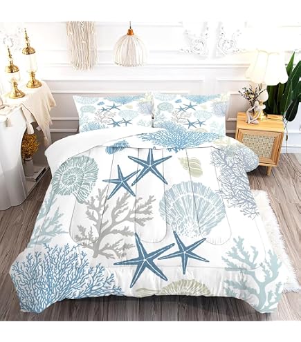 Jejeloiu Ocean Comforter Set 7 Pieces - Twin Size Kids Beach Bedding, Palm Tree Starfish Theme - View #5
