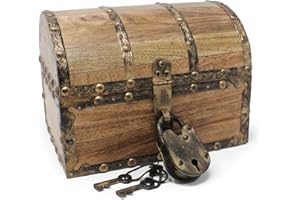 Nautical Cove Antiqued Finished Wood Treasure Chest with Decorative Rivets and Reinforcing Iron Strips with Lock and Skeleton Keys (Small 8x6x6) – Wooden Keepsake Box, Pirate Decor, Storage Chest
