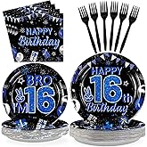 Grencian 96Pcs 16th Birthday Party Decorations for Boys Blue and Black 16th Birthday Plates Disposable Official Teen 16 Tableware for Teen Boys I’m 16 Bro 16 Years Old Party Supplies Serves 24