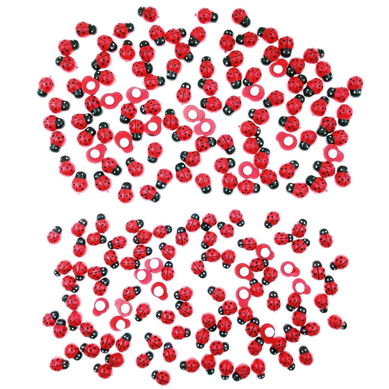 JZK 100pcs 10x13mm & 100pcs 11x15mm, Mini Wooden red Ladybird Ladybug Adhesive Ornament for Wedding Favour Box Birthday Decoration Scrapbooking