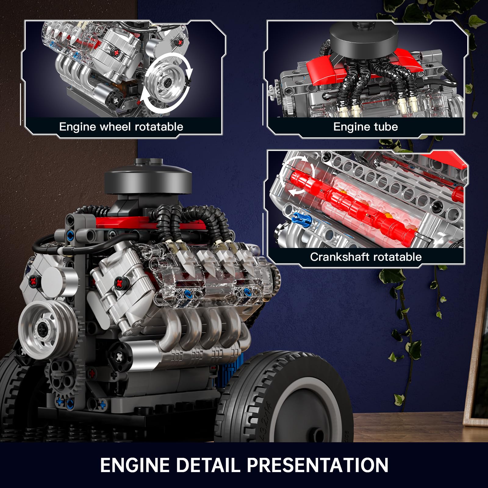 Mould King 10171 Technik V8 Motor Bausatz Bausteine Klemmbausteine Motor LSX454 V-8 Engine Kit Klemmbausteine Benzinmotor Modell für Auto LKW Fans(487 Teile) 6