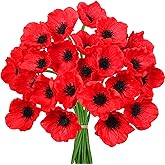 Winlyn 24 pcs Artificial Red Flower Stems PU Real Touch Flower Fake Flowers in Red with Black Center 11.6" Tall for Wedding Bouquets Corsages Centerpiece Floral Arrangements