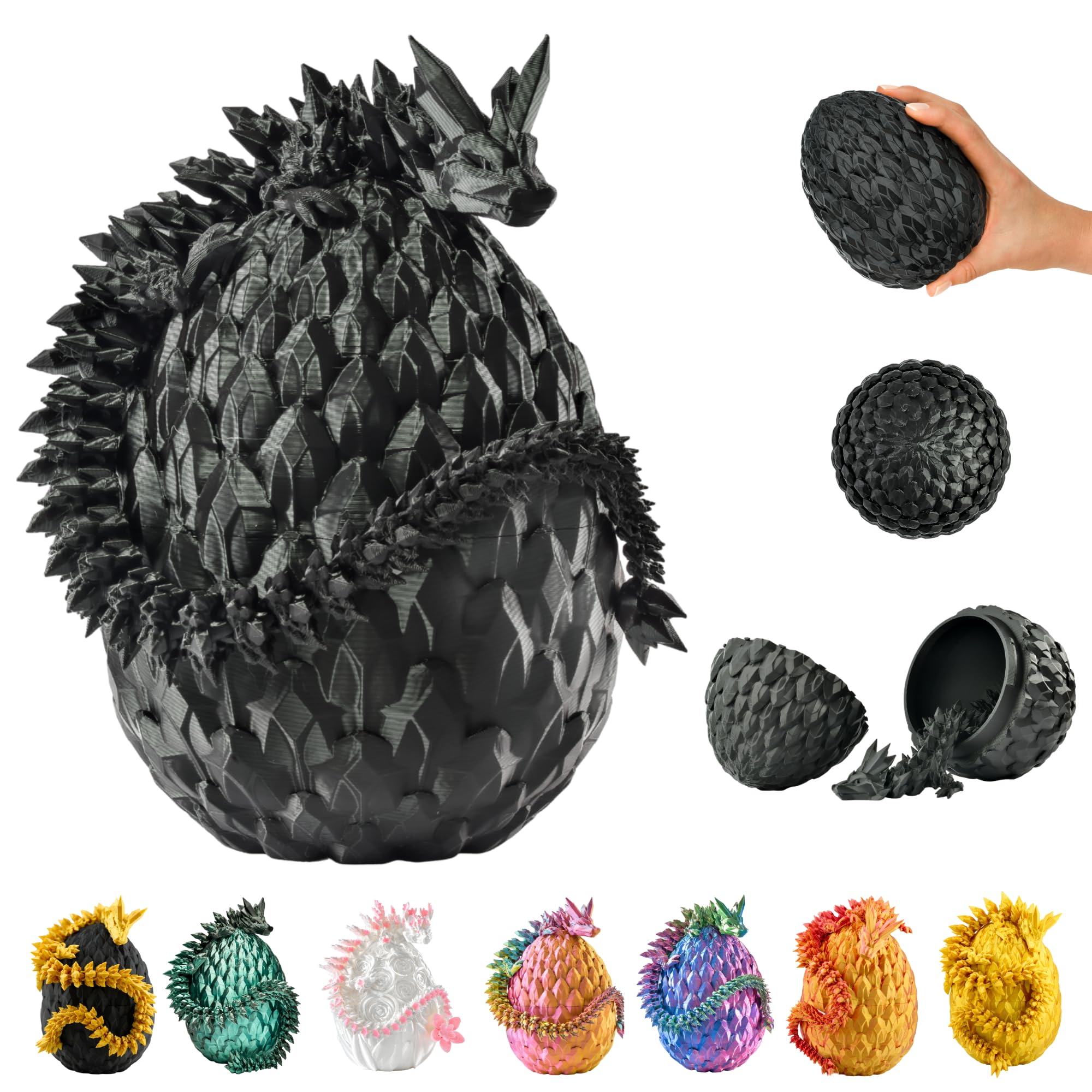 3D Dragon in Egg – 14.17 inches (36 cm) Figure with 4.73 inches (12 cm) Egg, Movable Fantasy Toy & Collectible Figurine for Kids (Black)