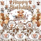 206Pcs Yingoto Brown Cow Birthday Decorations Tableware Set, 25 Serves | No assembly disposable plates &amp; napkins set, cake topper, backdrop, balloons, banner, for western brown cow farm party