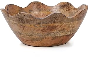 Mela Artisans Wooden Scalloped Bowl - Medium | Ruffle Decorative Style | Rustic Kitchen Decor | Mango Wood | Natural Grain Finish | Fits Bread, Fruits, Salad or Popcorn | 10” x 4” x 9”
