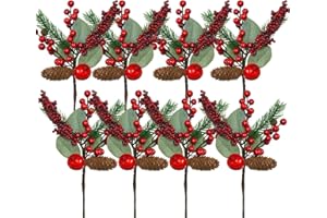 JIFTOK Christmas Assorted Berries Pine Cones Picks, 12pcs Artificial Pine Branches Picks Spray, Holly Stem Winter Holiday Floral Greenery for Christmas Tree Decoration Crafts Garland Wreath Ornaments