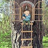 Garden Gnomes Decoration Outdoor tree faces decor with Hanging Ladder for Yard, Elf Out The Door Tree Hugger Resin Garden Sculpture Peeker Yard Art Ornament Whimsical Gnome Decor for Patio Yard Lawn
