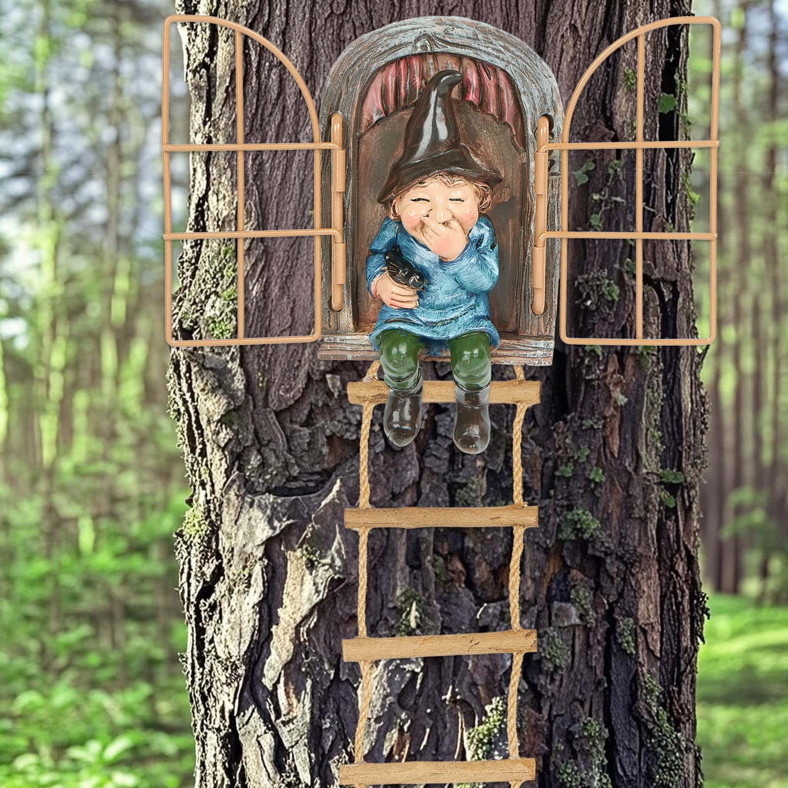 Photo 1 of Garden Gnomes Decoration Outdoor Tree Faces Decor with Hanging Ladder for Yard, Elf Out The Door Tree Hugger Resin Garden Sculpture Peeker Yard Art Ornament Whimsical Gnome Decor for Patio Yard Lawn