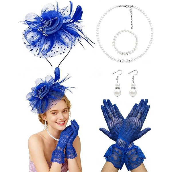 6538 5pcs Fascinator Hats With Lace Glovess Pearl Necklace Earrings Amazon.com: 5Pcs Fascinator Hats With Lace Gloves Pearl  main image 4