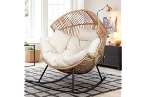 Vongrasig Wicker Rocking Egg Chair PE Rattan with Cushion, Oversized Patio Lounge Rocker Chair for Outdoor, Indoor, Livingroom, Backyard, Garden (Beige)