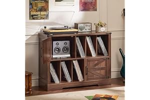Joaxswe Large Record Player Stand with Vinyl Storage Up to 450 Albums, 39 Inch Farmhouse Brown Walnut Storage Cabinet with Barn Doors, Wood Vintage Mid-Century Turntable Stand for Bedroom, Living Room