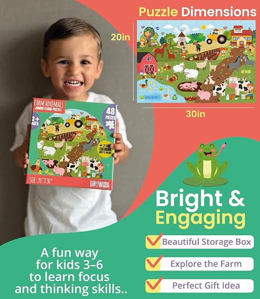 FLOOR PUZZLES FOR KIDS AGES 3-5 4-6 EDUCATIONAL 48 PIECE FARM ANIMALS WITH 2 GIANT COLORING POSTERS PRESCHOOL LEARNING TOY TRACTORS TOOLS BARNYARD ANIMALS SCREEN FREE FAMILY PLAYTIME