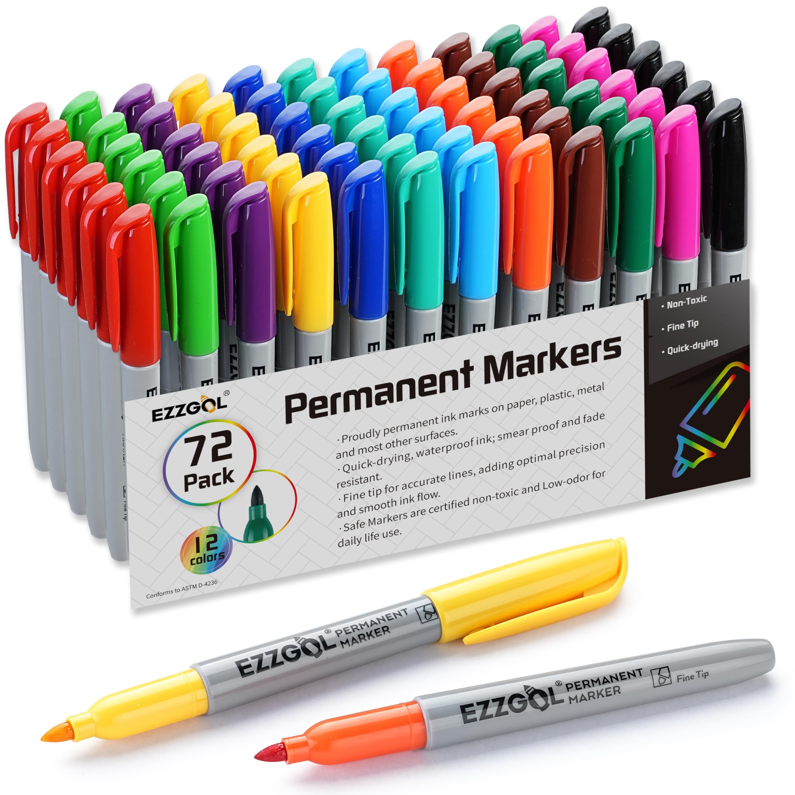 Photo 1 of Ezzgol Permanent Markers Bulk, Permanent Marker Bulk Pack of 72, 12 Assorted Colors, Fine Point Permanent Markers For Kids and Adult Coloring as Office, School Supplies