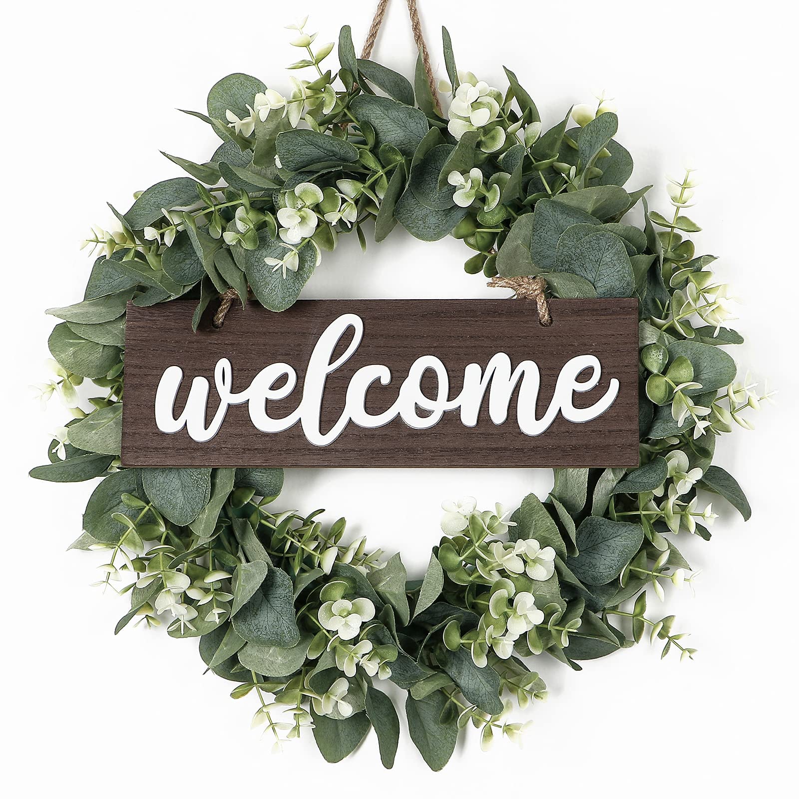 SOMYTING Artificial Eucalyptus Wreath with Wooden Welcome Sign,16 Inch Welcome door wreath Spring wreaths for front door Wall Hanging Accessories Summer Wreath (Brown Sign)