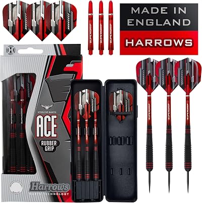 Harrows Ace Rubber Brass Steel Tip Darts Set 20-26g with Travel Case