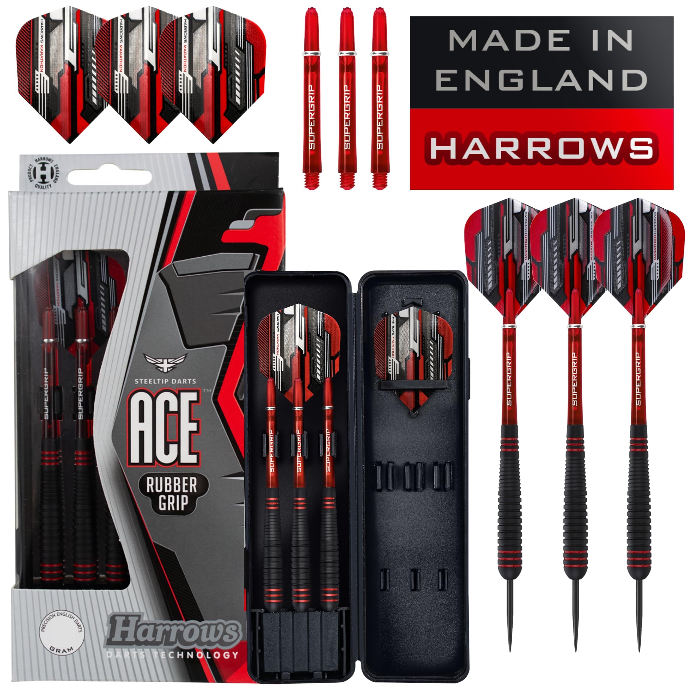 Harrows Ace Rubber Brass Steel Tip Darts Set 20g, 22g, 24g & 26g - Includes Supergrip Shafts, Micron Marathon Flights & Convenient Travel Case 26g