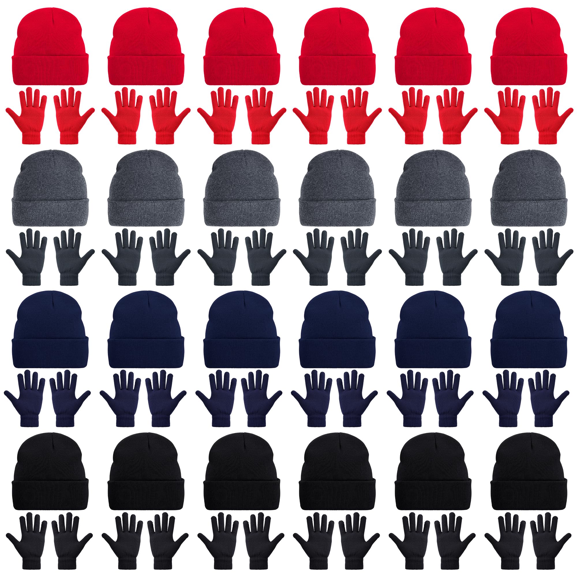Photo 1 of 48 Pack Beanie Hats and Gloves Set, Knit Skull Caps and Winter Gloves Bulk for Men Women Warm Gift (48, Black, navy blue, dark gray and red)