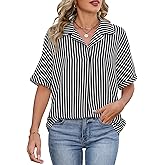 IEEILULU Womens Loose Fit Shirts Short Sleeve Striped Shirt Casual Collared Tops Women Office Work Blouses