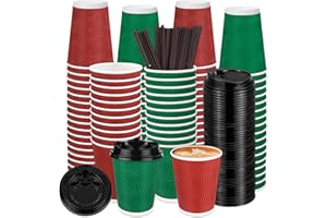 Kochorie 100 Pack 12 Oz Christmas Paper Coffee Cups with Black Lids Disposable Insulated Corrugated Ripple Wall Cup for Hot o