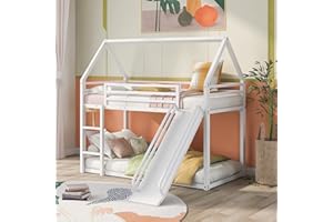 Morhome Twin Over Twin Bunk Bed for Kids, Low Bunkbed Frame House Bunk Bed with Convertible Slide and Ladder, Solid Wood Bunkframe for Kids Teens Bedroom,No Spring Box Needed