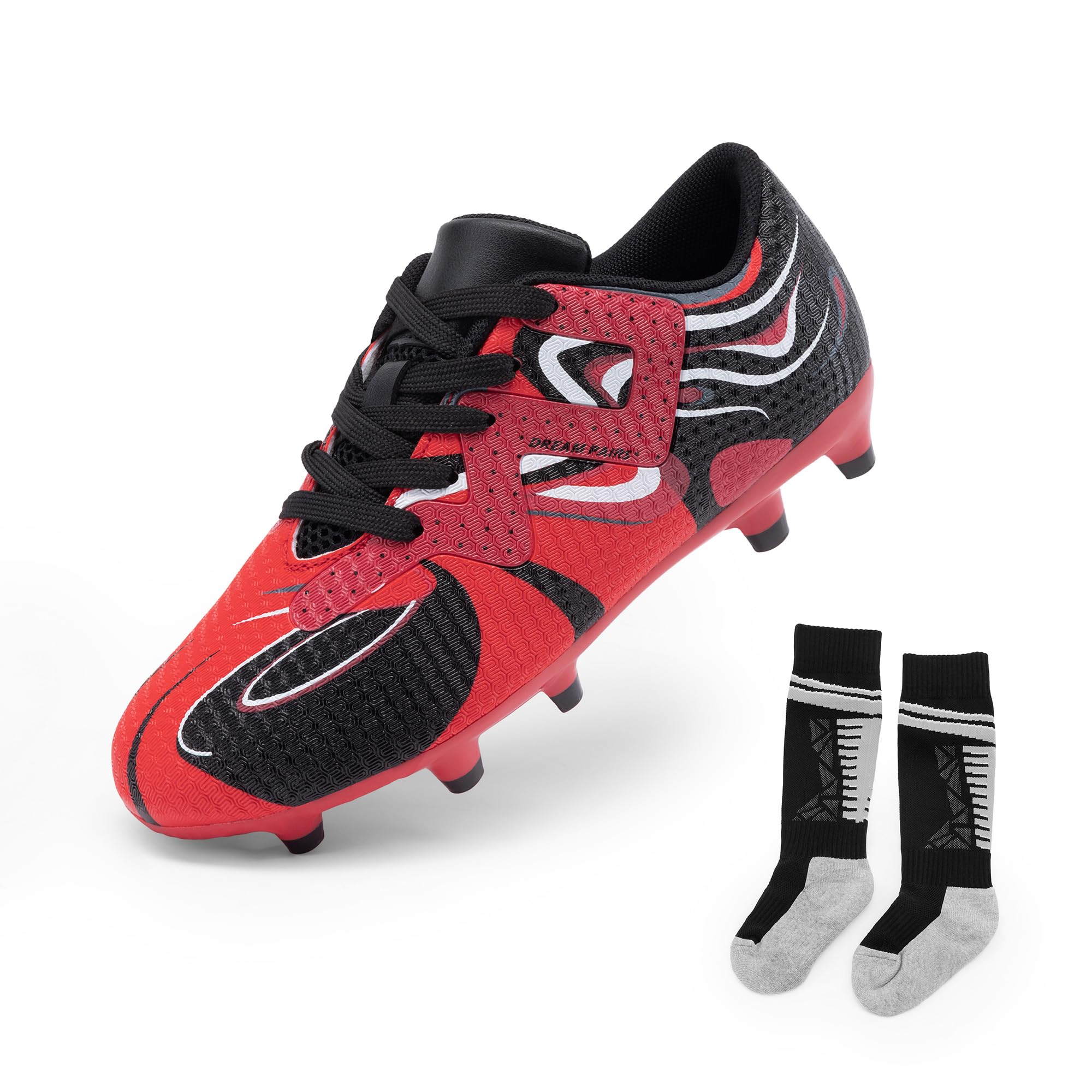 Photo 1 of DREAM PAIRS Boys Girls Soccer Cleats Youth Firm Groud Sport Football Cleats with Soccer Socks for Little/Big Kid/Toddler,Size 12 Little Kid,Red/Black,KKUMSO2503
