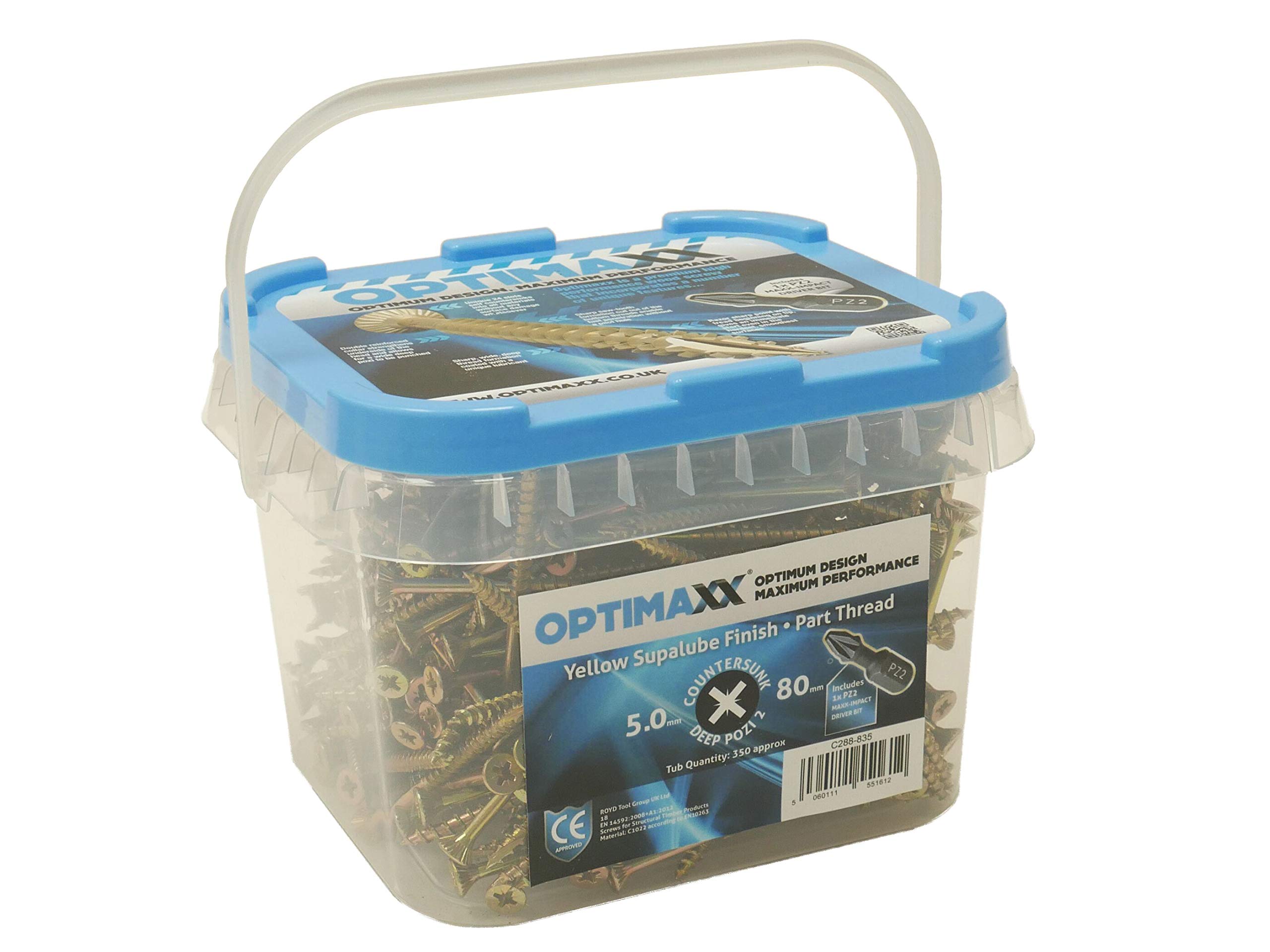 Optimaxx C288-835 5.0mm x 80mm Flat Countersunk Extreme Performance Woodscrews Self Cutting-Pozi Zinc Yellow-350 Pieces, Yellow