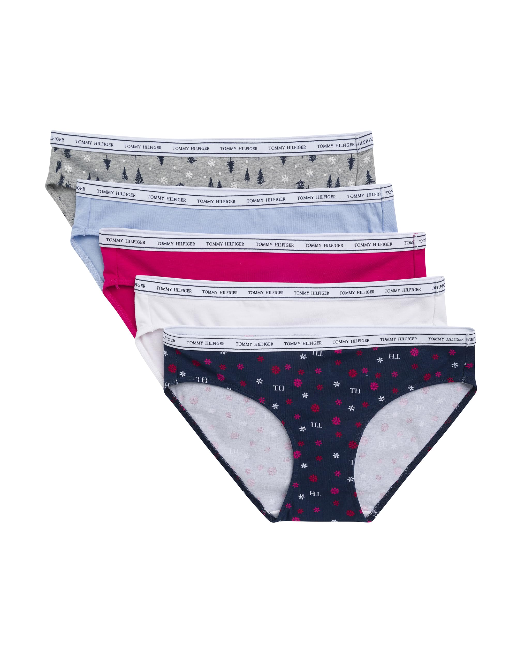 Tommy Hilfiger Women’s Classic Cotton Logoband Bikini 5-Pack, Mini TH Blizzard Navy/Love Potion/White/Open Air/Snowy Forest Heather Grey, Medium