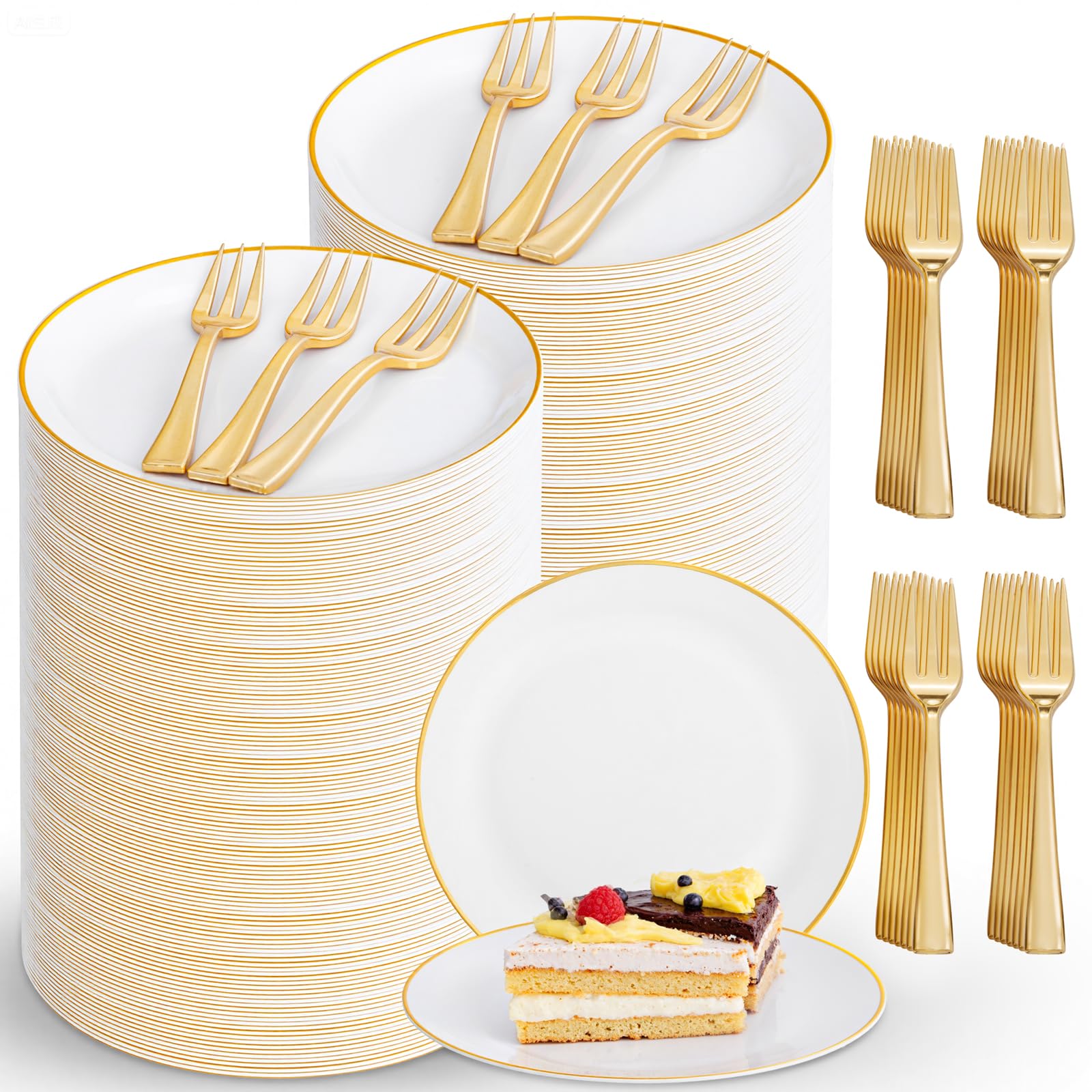 Photo 1 of ***LIKE NEW/OPEN BOX***
Festiva 400Pcs Gold Dessert Plates 6.3" with Forks 5"- 200PCS Small Disposable Dessert/Cake/Appetizer Plates and 200PCS Forks - Serve 200 Guests for Wedding Party&Thanksgiving&Birthday