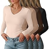 Xaatren 4 Pack Women's V Neck Long Sleeve Shirts, Slim Fit Tees Basic Casual Fall Tops Going Out Blouses T Shirts