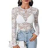 LYANER Women's Sexy Mesh Top Floral Long Sleeve See Through Shirt Lace Sheer Blouses