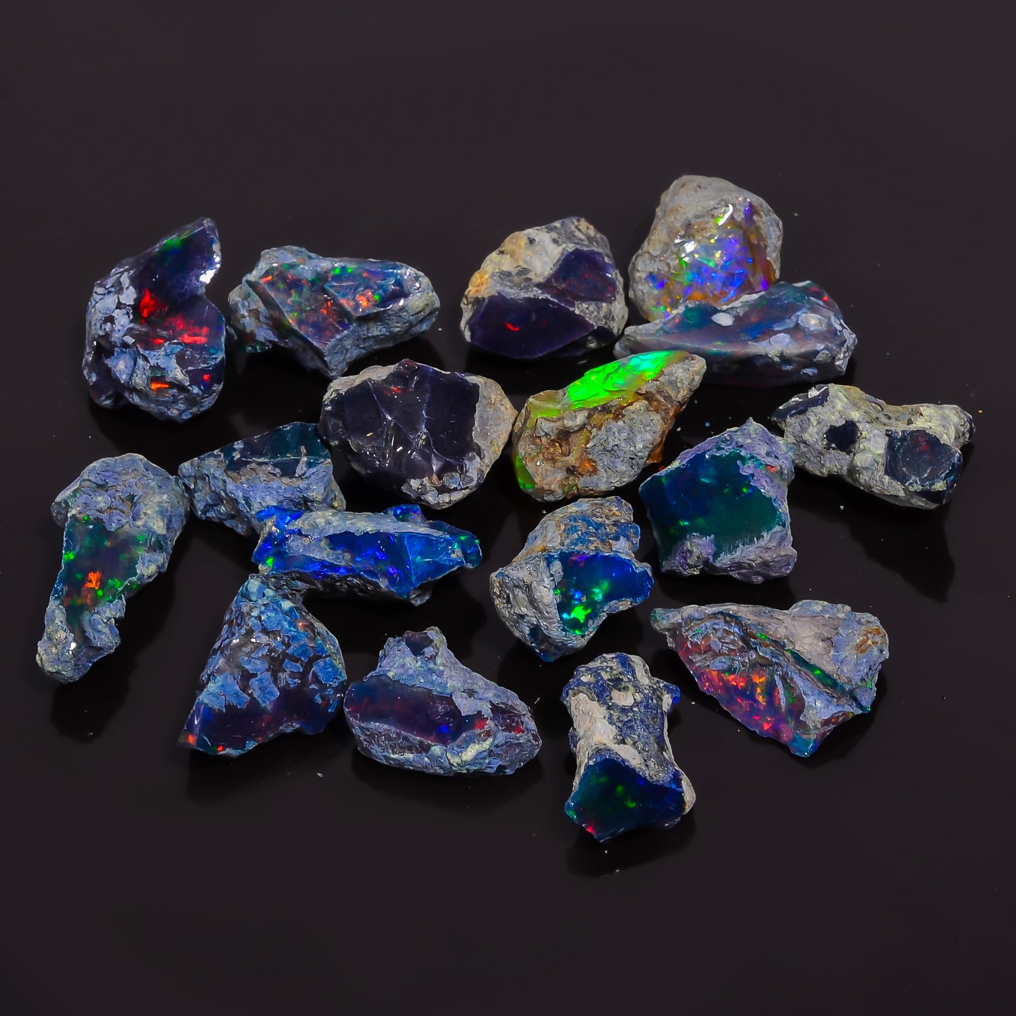 Black Opal Rough Gemstone AAAA+ Grade Certified 5 Pcs – Natural Ethiopian Welo Fire Opal Stone, Handpicked Multi-Color Flash Raw Opals for Jewelry Making, Tumbling and Healing