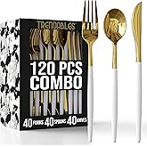 Trendables 120 Pack Disposable Silverware Set - Silver Cutlery Dinnerware - Includes 40 Forks, Spoons, Knives - White & Gold Plastic Utensils Party Set