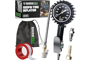 Rhino USA Tire Pressure Gauge with Inflator (0-100 PSI) - Heavy Duty Air Chuck and Compressor Accessories with Stainless Brai