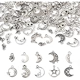 Cheriswelry 100Pcs Tibetan Style Moon Charms Antique Silver Moon with Star Alloy Pendants Crafts 10 Styles 17-22mm for DIY Necklace Bracelet Earring Jewelry Making Decoration