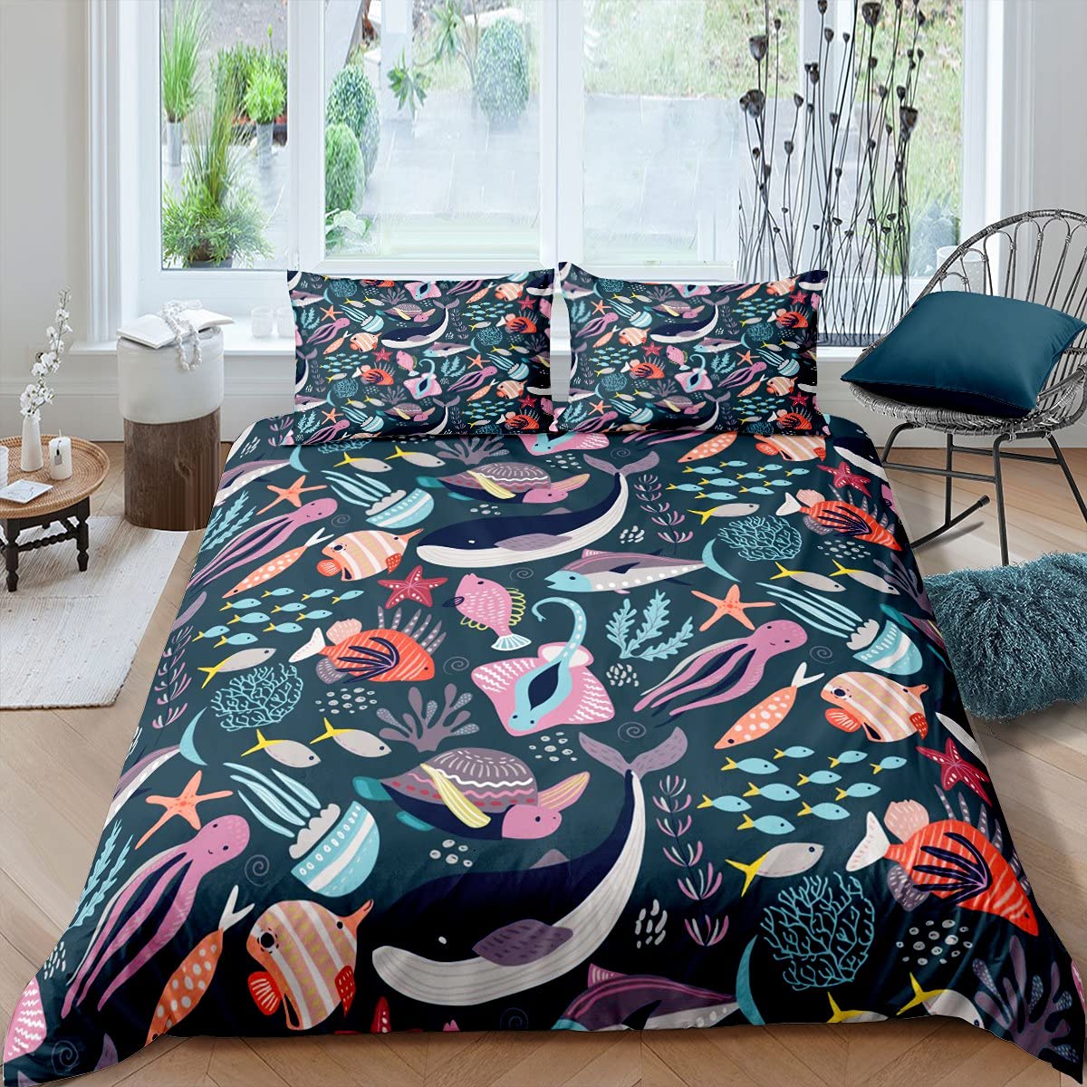 Homemissing Cartoon Sea Creatures Comforter Cover Ocean Marine Bedding Set for Boys Girls Children Sea Under Water World Duvet Cover Hawaiian Sealife with 2 Pillowcases 3Pcs Bedding Double