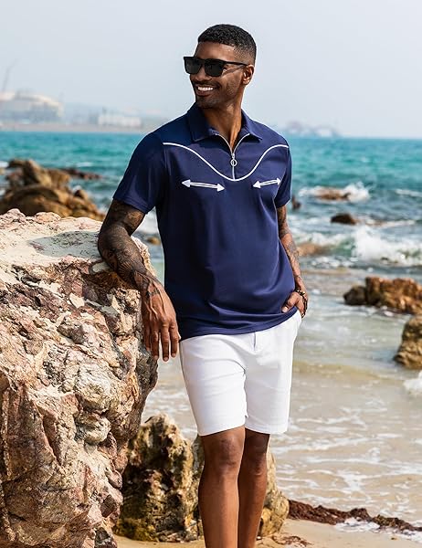 URRU MENS FASHION MUSCLE POLO NAVY BLUE POLO SHORT SHIRTS SLEEVE SLIM FIT GOLF POLO SHIRT NAVY BLUE M