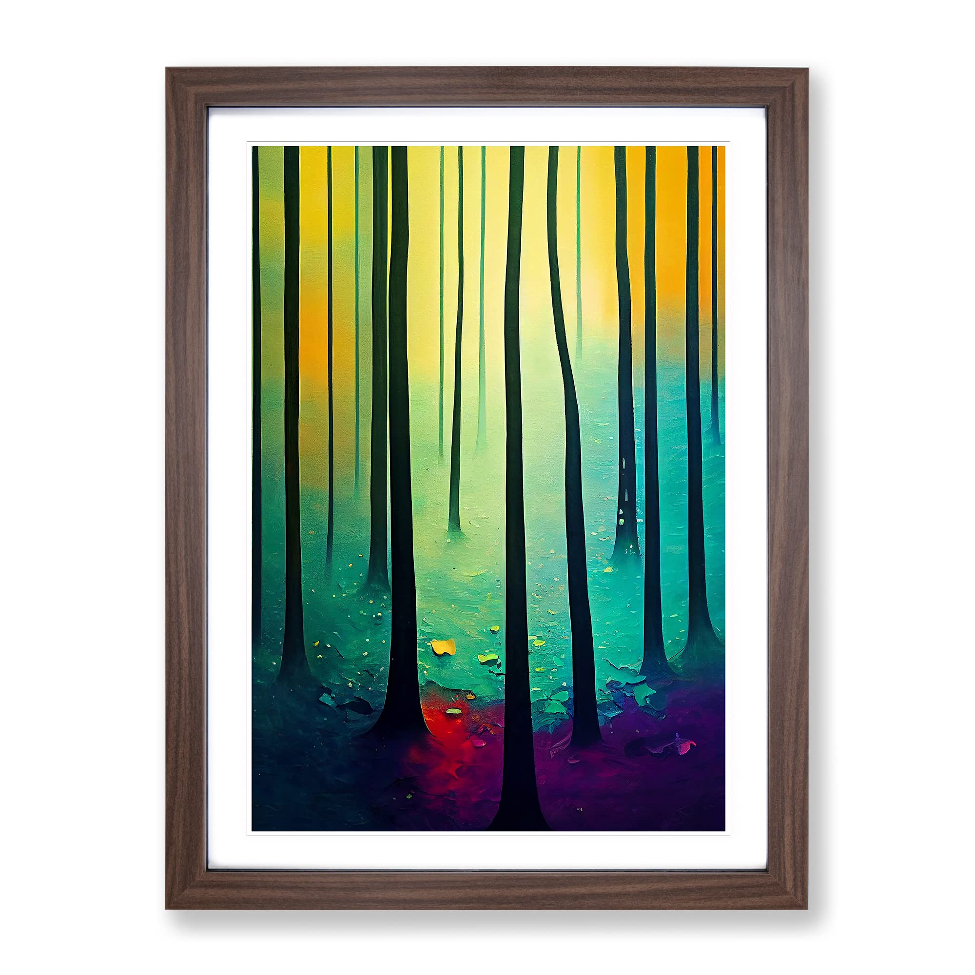 Glimmering Forest Framed Print | A4 Walnut Framed Wall Art | Ready to Hang | Modern Landscape Picture | Living Room Bedroom Lounge Office