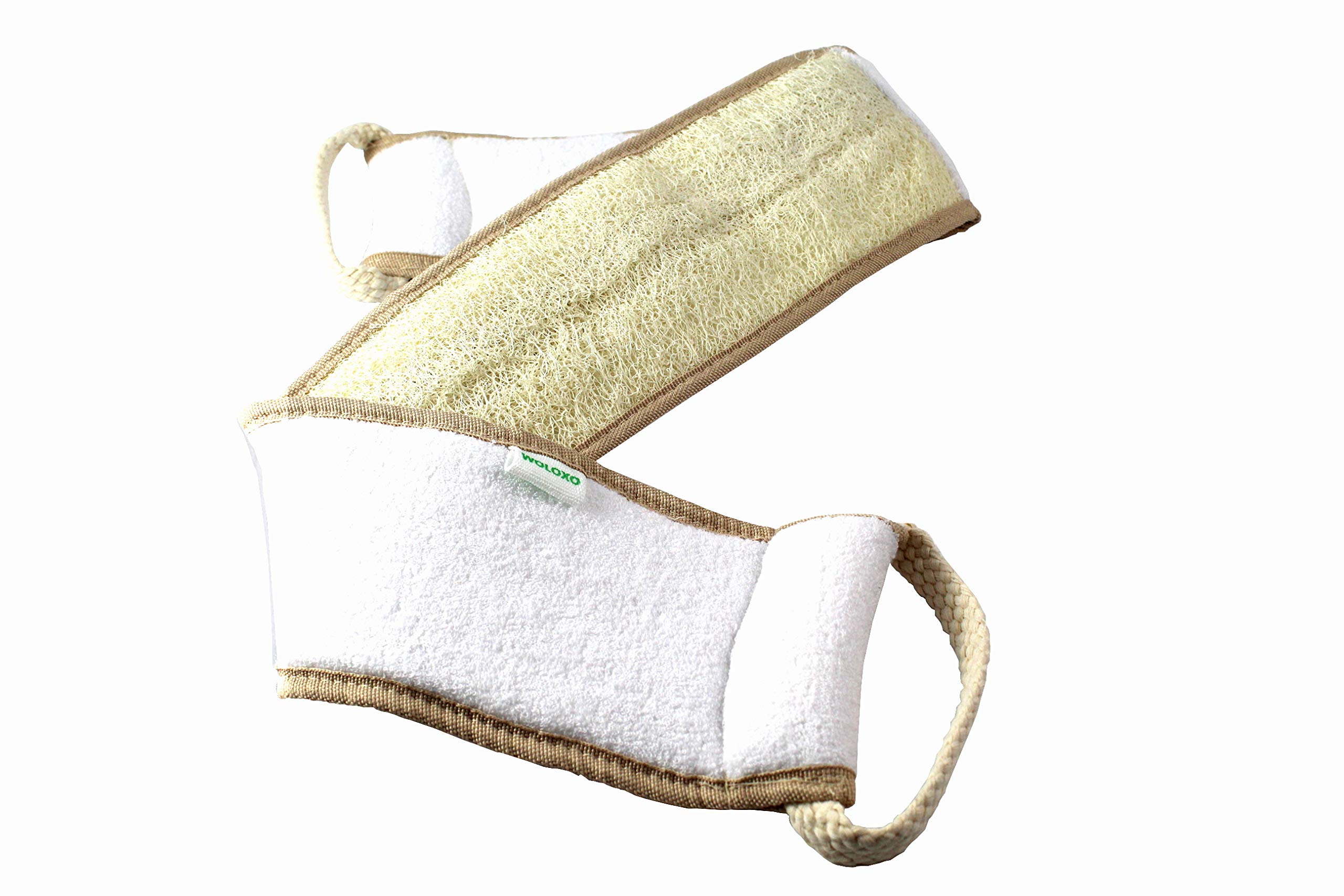 Woloxo Loofah Sponge Back Scrubber for Bath and Shower, Natural Loofah and Soap for Body Plus Back, 100% Natural Sponge, Body Scrub, White, Brown, Natural