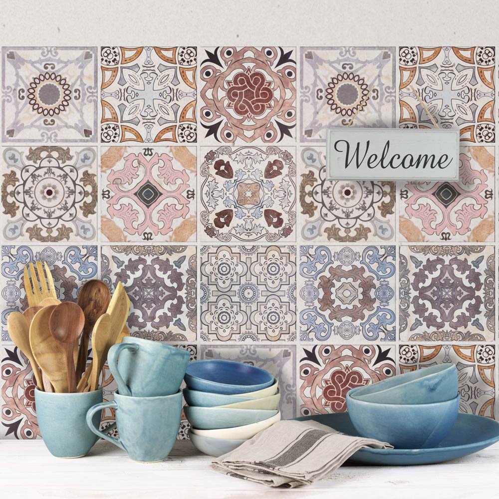 RE-COVERTILES - Tile Stickers for Bathroom and Kitchen 10 Pcs 20x20 cm - PS00058 Wall Decoration in Waterproof PVC Mosaic Tiles Style Azulejos Cement Tiles