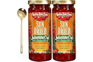 moofin Dried Tomatoes, 85 Ounces - Julienne Cut dried Tomatoes in Olive Oil with Golden SS Spoon, dried Tomatoes in Jar Ideal for Pasta, Pizza, Salads More[Pack of 2]